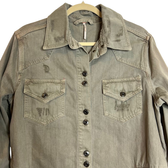 Free People Womens Moonchild Denim Shirt Jacket Small Green Shacket Distressed - Picture 2 of 6